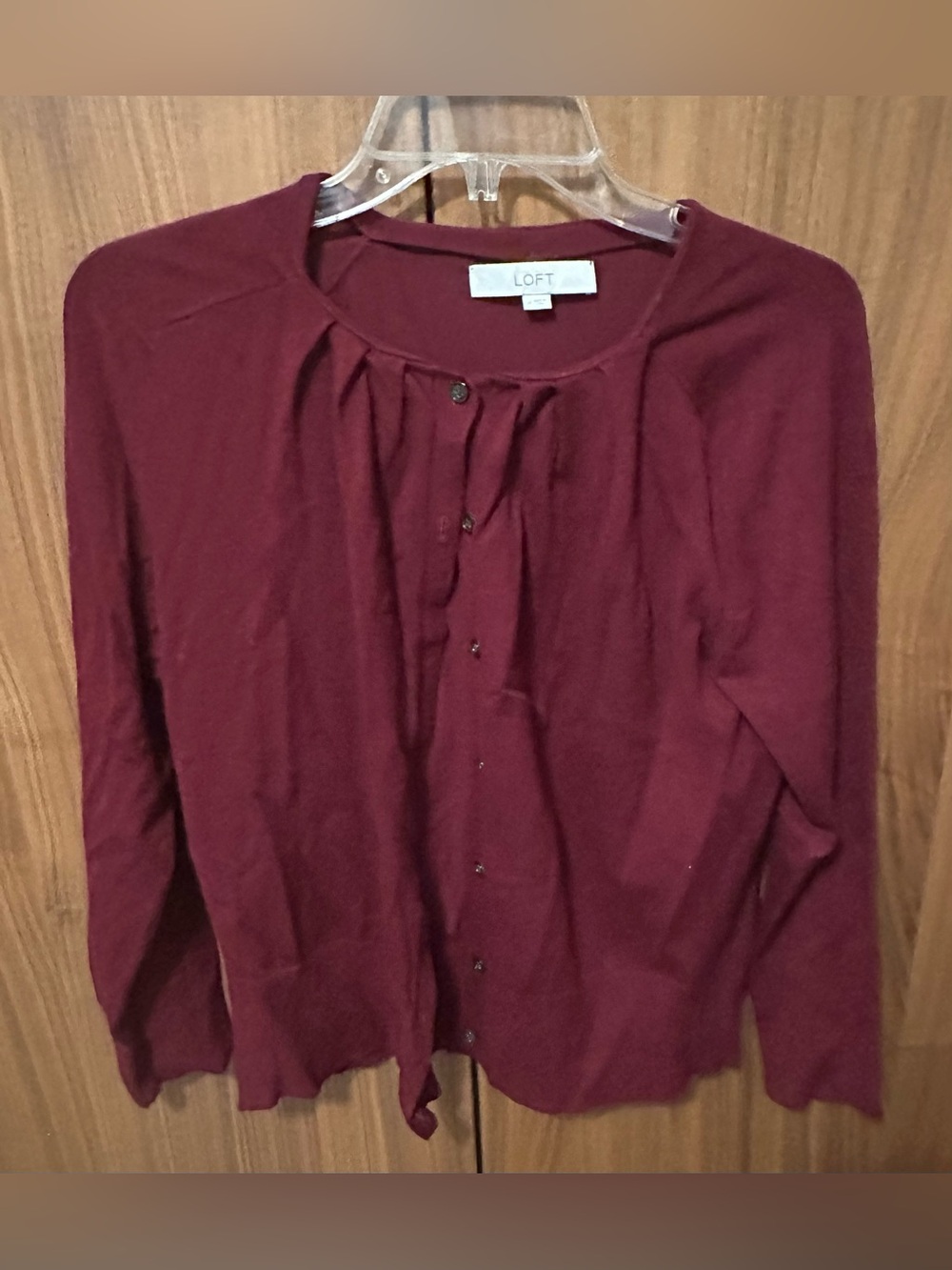 LOFT Burgundy Pleated-Neck Button Cardigan